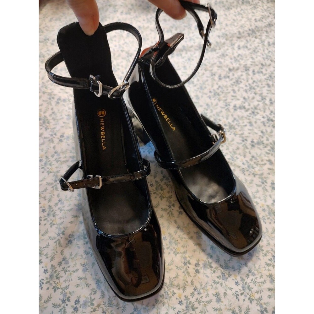 Newbella Women's Black Vegan Patent Leather Mary Jane Ankle Strap Heels 6